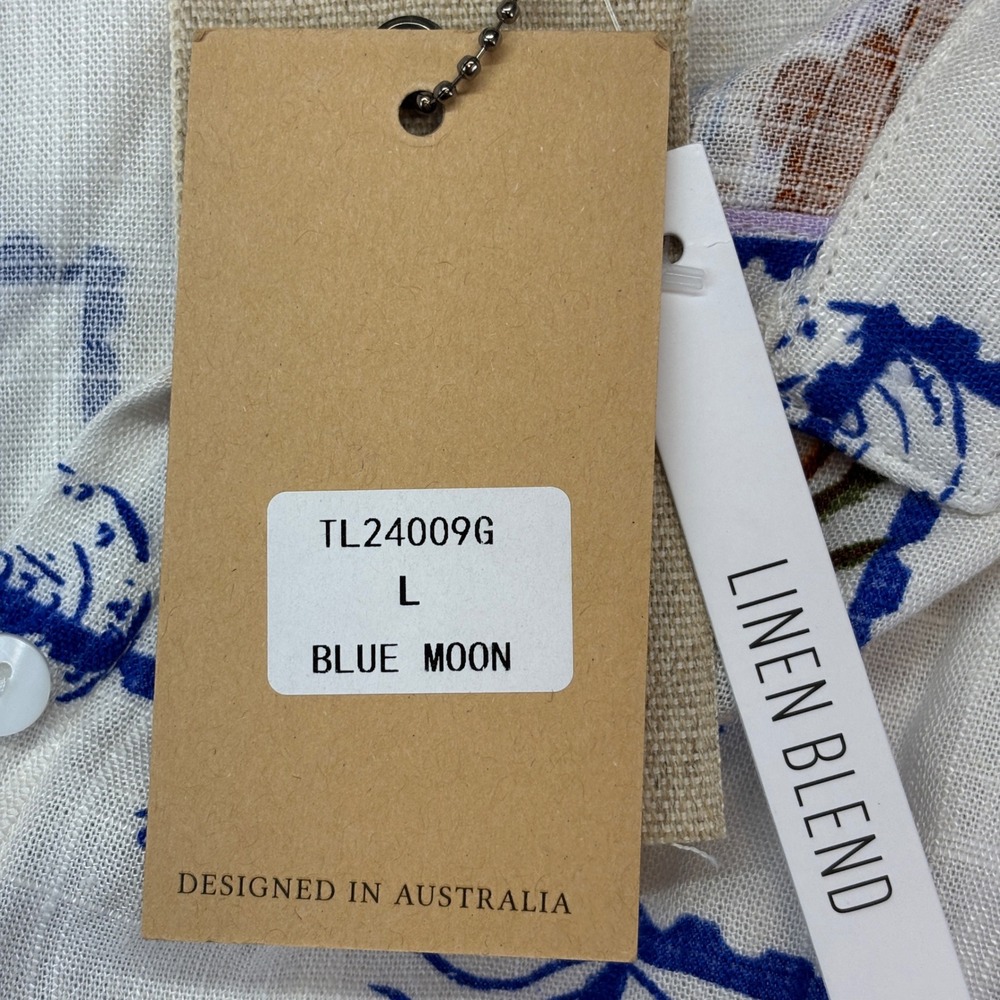 Label of Love Mens Linen Blend Postcard‎ Print Button Down Shirt Blue Moon L NEW - Picture 9 of 11